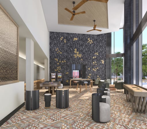 a rendering of a lobby with tables and chairs and a ceiling fan