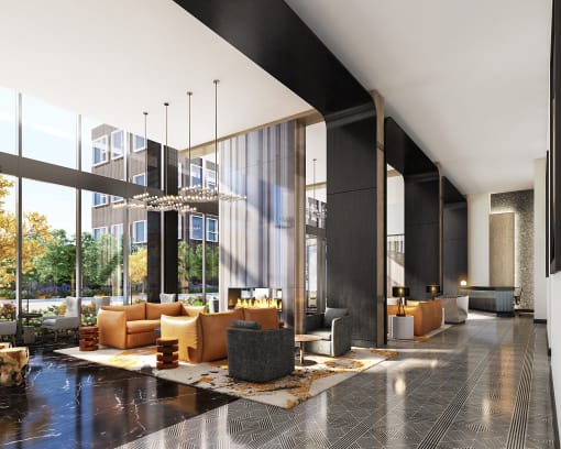 a rendering of a living room with high ceilings and large windows