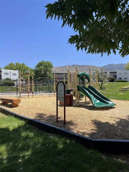 a playground with a slide and a picnic table