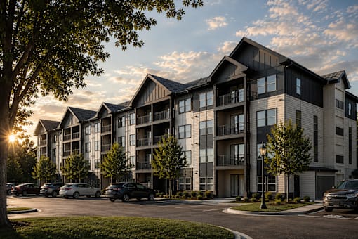 A modern apartment complex with cars parked in front.