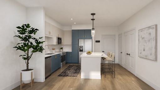 A modern kitchen with a dining area and a potted plant.