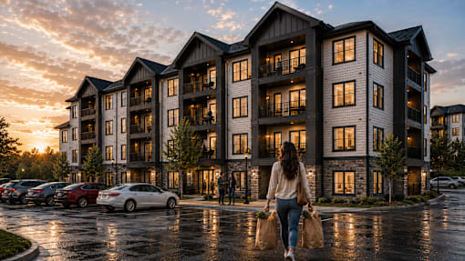 A woman is walking in front of a large apartment building.