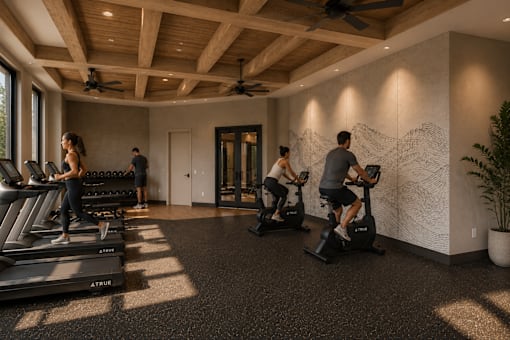 A group of people are exercising on treadmills in a gym with a wall drawing.