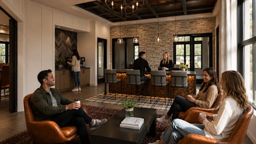 A group of people are sitting in a room with a brick wall and hanging lights.