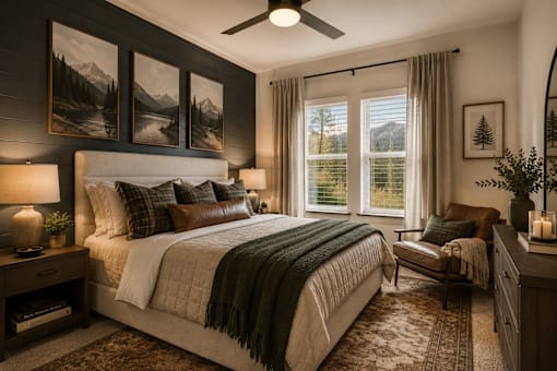 A bedroom with a large bed and a mountain painting on the wall.