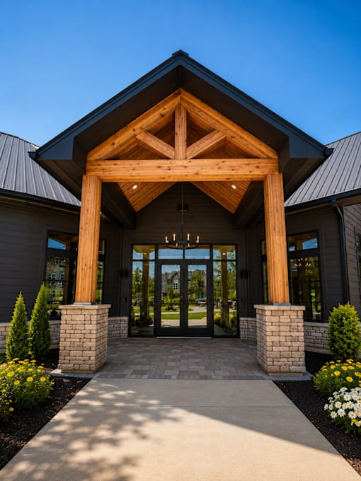 A building with a wooden entrance and pillars.
