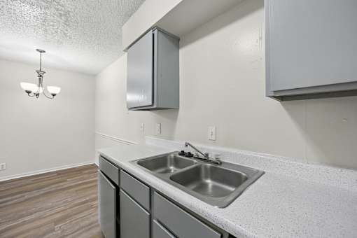 A kitchen with a sink and a cabinet.