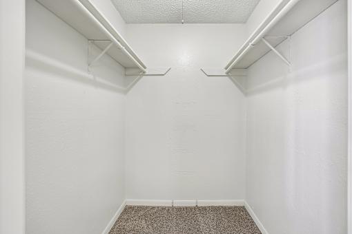 A white closet with a carpeted floor and white walls.