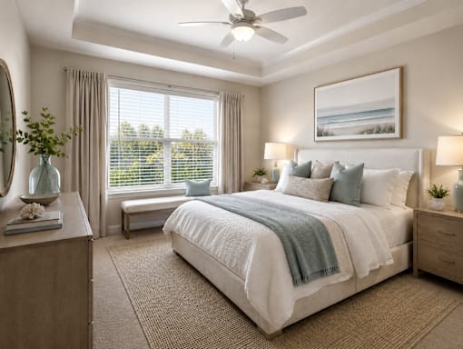A bedroom with a large bed, a window with a view, and a ceiling fan.
