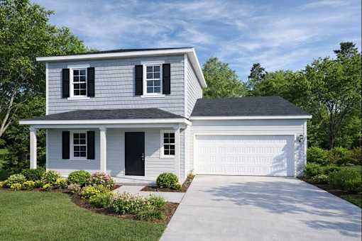 A white house with a black door and windows.
