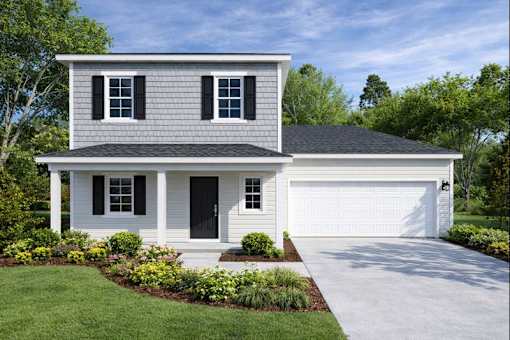 A white house with a black door and windows.