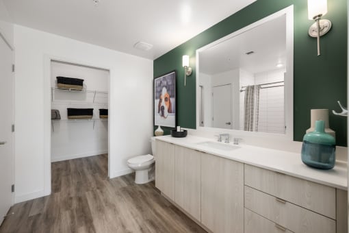 a bathroom with a large mirror and a sink and a toilet