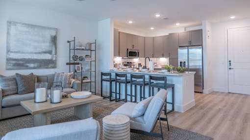 A modern living room with a grey couch, a coffee table, and a kitchen area in the background.