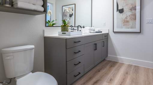 A bathroom with a toilet, sink, and mirror.