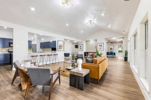 a living room with a couch and a table