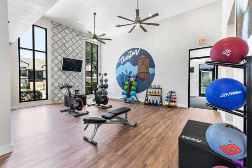 a home gym with a large mural on the wall