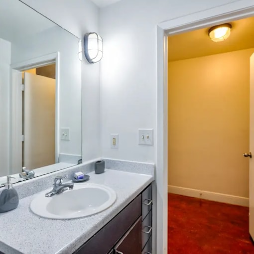 A bathroom with a white sink and a mirror above it.