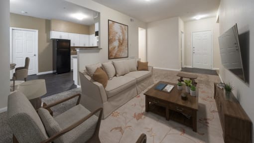 a living room with a couch and a table