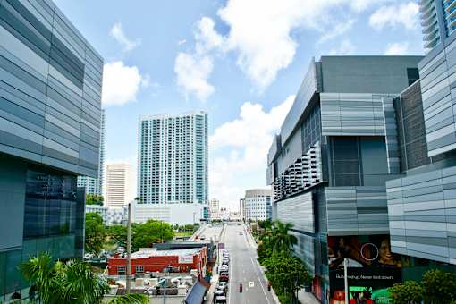 A city street with buildings on either side and a clear blue sky above.