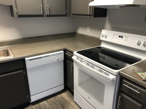 a kitchen with a stove top oven and a dishwasher