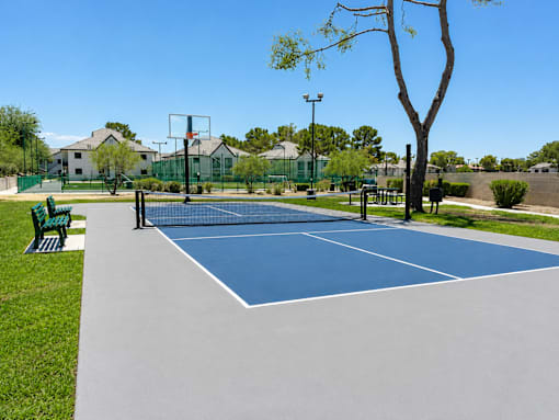 A blue and white tennis court with a green bench and a tree.