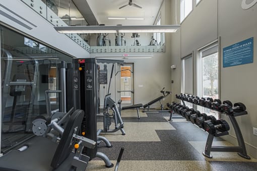 a view of the fitness center with cardio equipment and weights