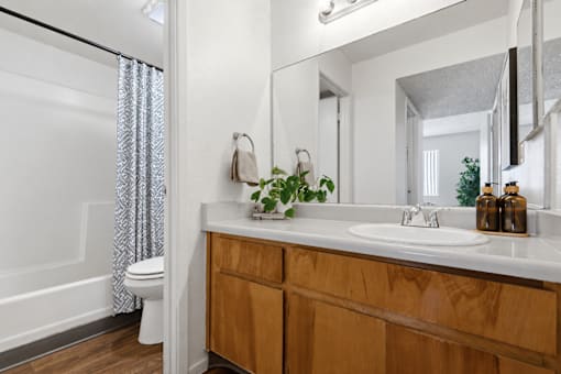 A bathroom with a wooden vanity and a white toilet.