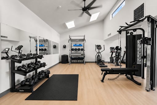 A well-equipped gym with a variety of exercise equipment.