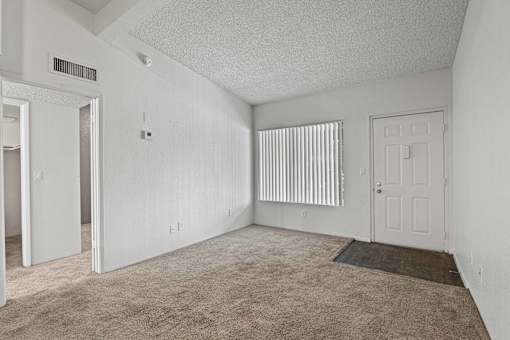 A room with a carpeted floor and a window with blinds.