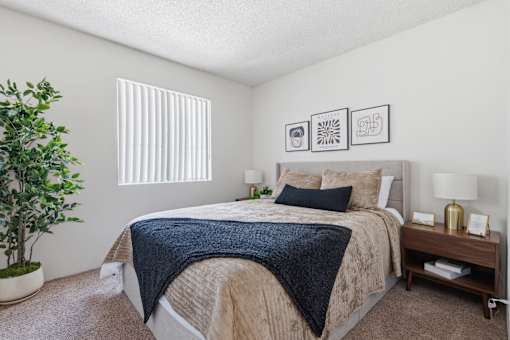 A bedroom with a bed, nightstand, and a plant.