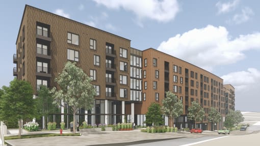 a rendering of a new apartment building on a city street