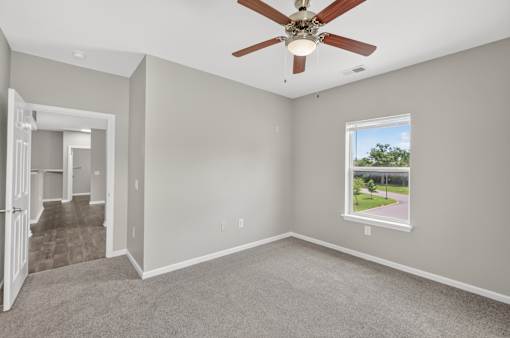 A room with a ceiling fan and a window showing a green landscape outside.