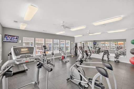 A gym with treadmills, exercise bikes, and other equipment.