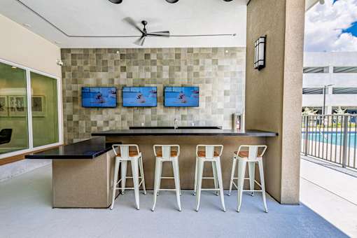 A bar area with four stools and a counter.
