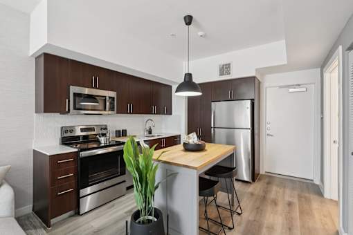 A modern kitchen with dark brown cabinets and stainless steel appliances.