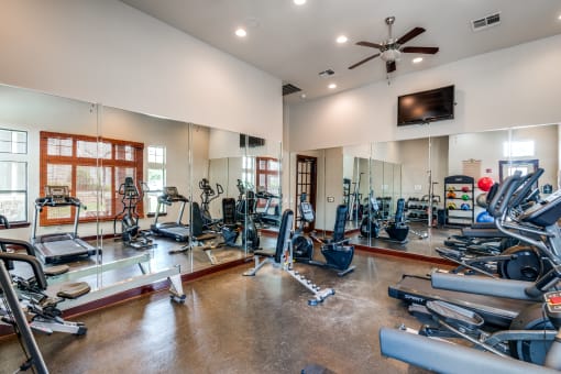 the gym has plenty of exercise equipment including treadmills and ellipticals