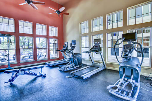 A gym with treadmills, elliptical machines, and a fan.