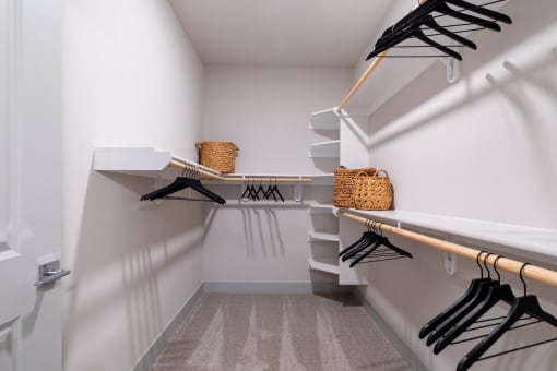 a walk in closet with white walls and shelves and a rack with black hangers