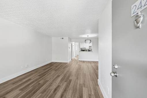 A room with wooden flooring and a door with a number 242 on it.