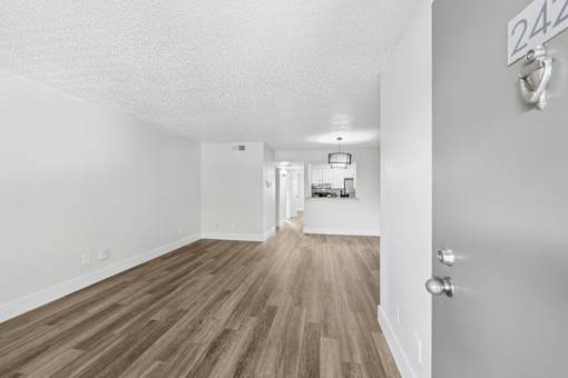 A room with wooden flooring and a door with a number 242 on it.
