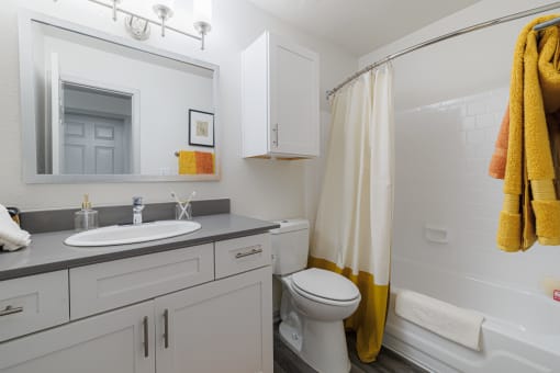 a bathroom with a white sink and toilet and a shower