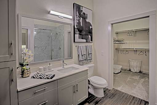 A bathroom with a sink, mirror, toilet and a shower.