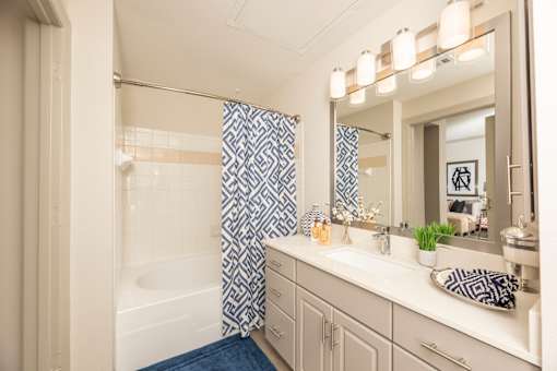 Bathroom with a white tub at Woodbridge Villas Apartments, Sachse, TX