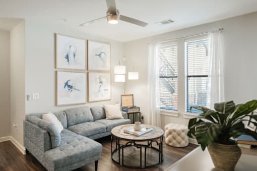 A living room with a grey couch, a coffee table, and a ceiling fan.