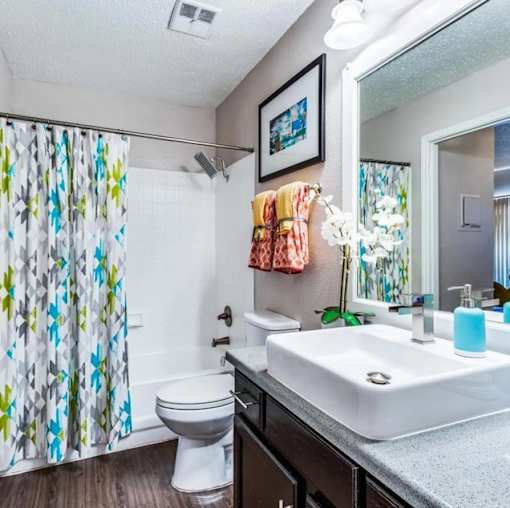 A bathroom with a white toilet, a sink, and a shower curtain.