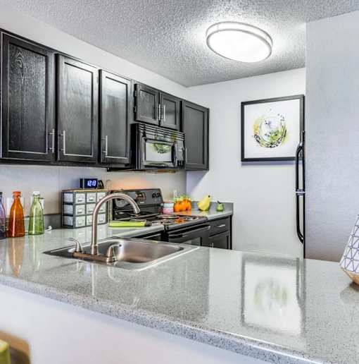 A kitchen with black cabinets and a stainless steel sink.