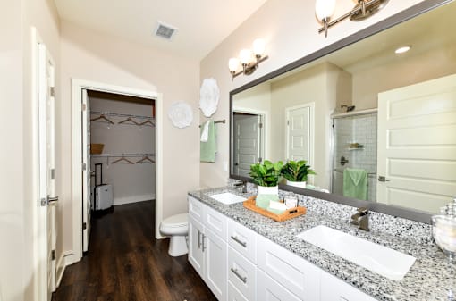 A bathroom with a white vanity and a mirror above it.