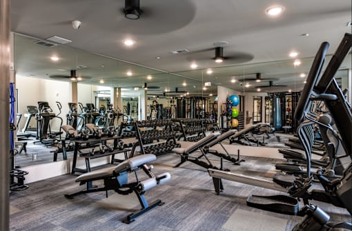 A gym with a variety of equipment including treadmills, weights, and exercise machines.