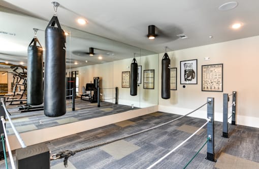 A gym with a punching bag and a mirror.