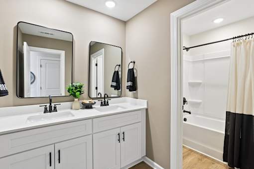 A bathroom with two sinks and a large mirror.
